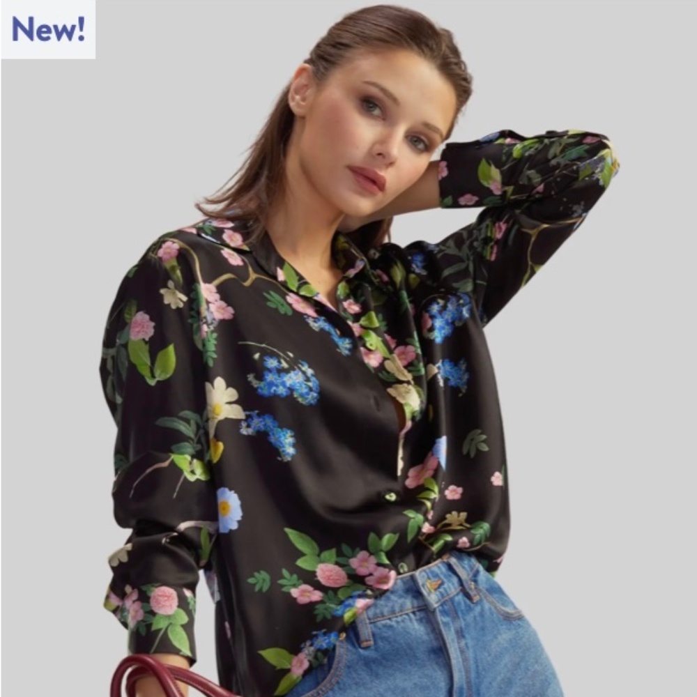 Cynthia Rowley Collectible Silk Black Floral Shirt